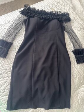 Off-Shoulder Black Midi Dress with Sheer Sleeves